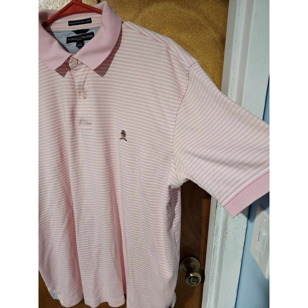 Tommy Hilfiger Mercerized Luxury Cotton Mens Large Pink White Striped Polo - Picture 7 of 7
